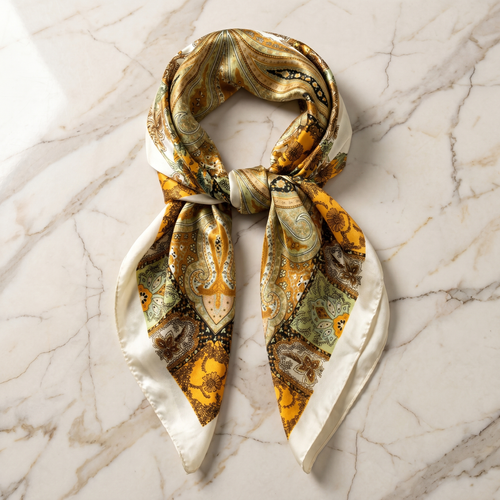 Foulard femme 70×70 cm Baroque doré marron – Roselys Paris