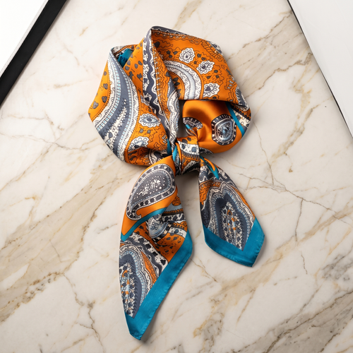 Foulard femme 70×70 cm Baroque orange bleu – Roselys Paris