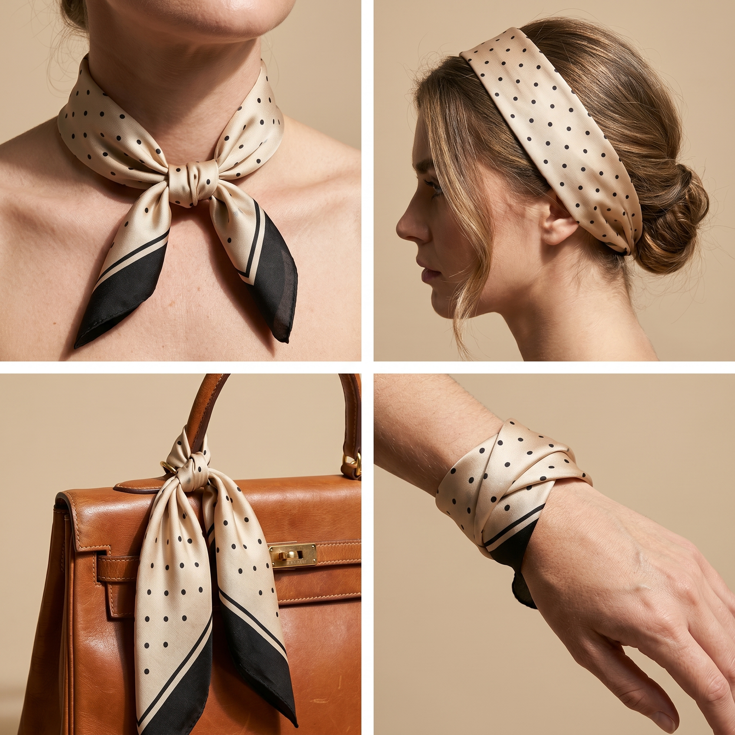 Roselys Paris foulard femme crème noir géométrique carré satiné 70x70 cm, en bandeau dans les cheveux