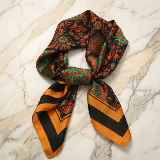 Roselys Paris foulard femme vert orange baroque carré satiné 70x70 cm