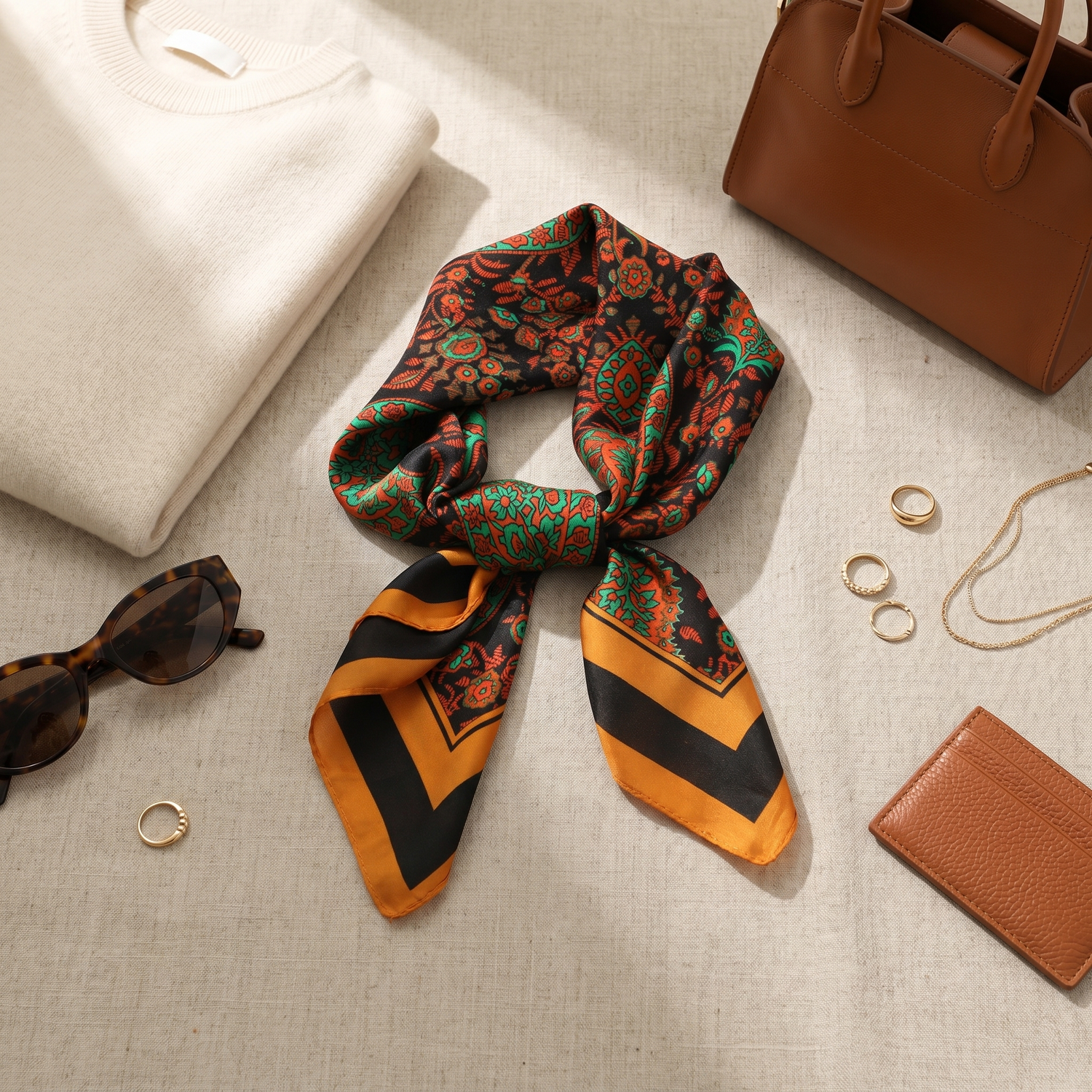 Roselys Paris foulard femme vert orange baroque carré satiné 70x70 cm, porté au cou