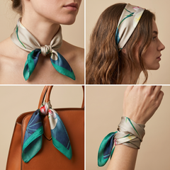 Roselys Paris foulard femme gris bleu fleuri carré satiné 70x70 cm, en bandeau dans les cheveux
