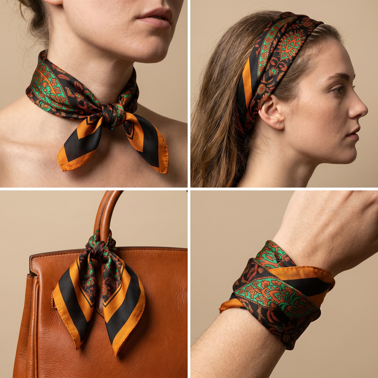 Roselys Paris foulard femme vert orange baroque carré satiné 70x70 cm, en bandeau dans les cheveux