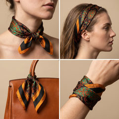 Roselys Paris foulard femme vert orange baroque carré satiné 70x70 cm, en bandeau dans les cheveux