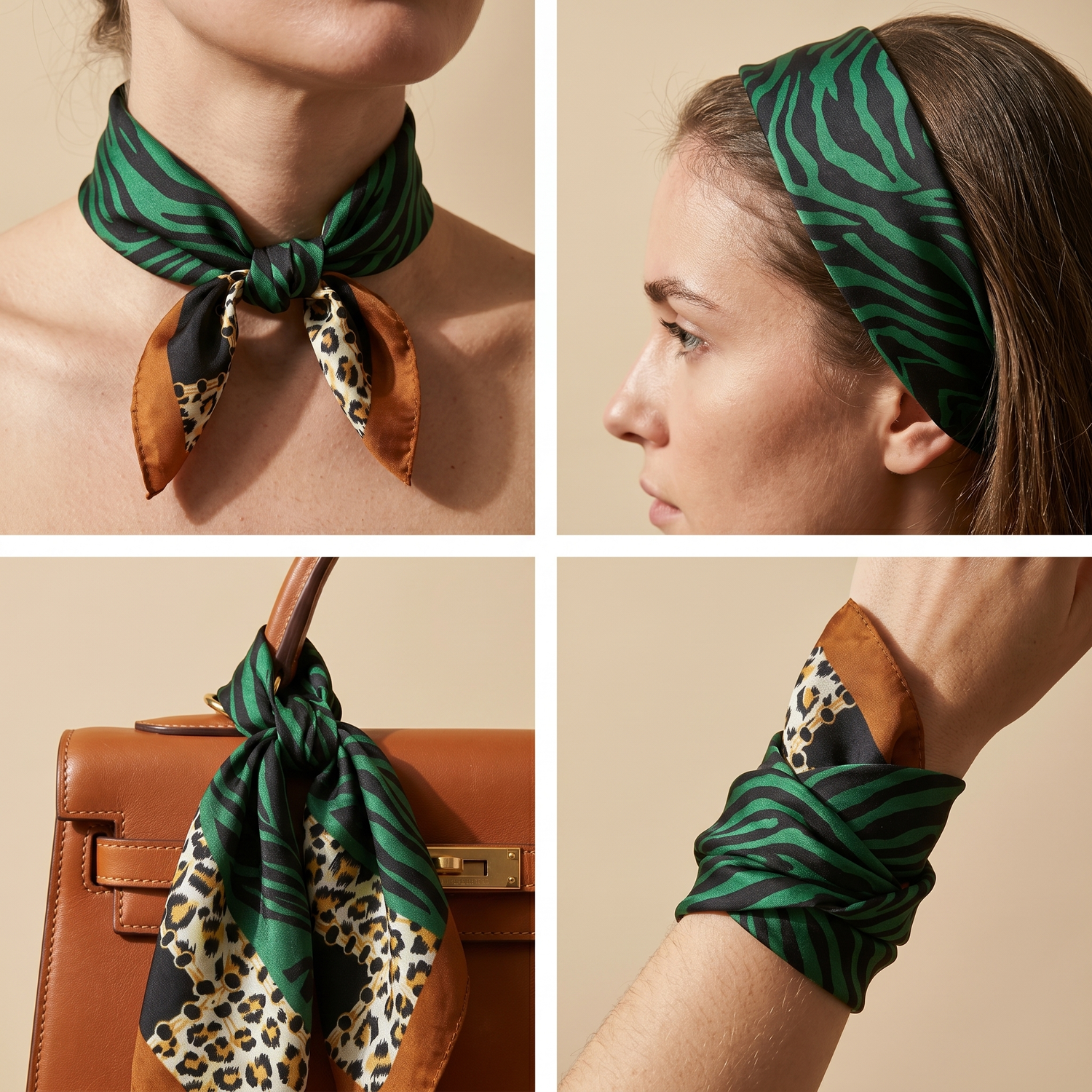 Roselys Paris foulard femme vert marron animalier carré satiné 70x70 cm, en bandeau dans les cheveux