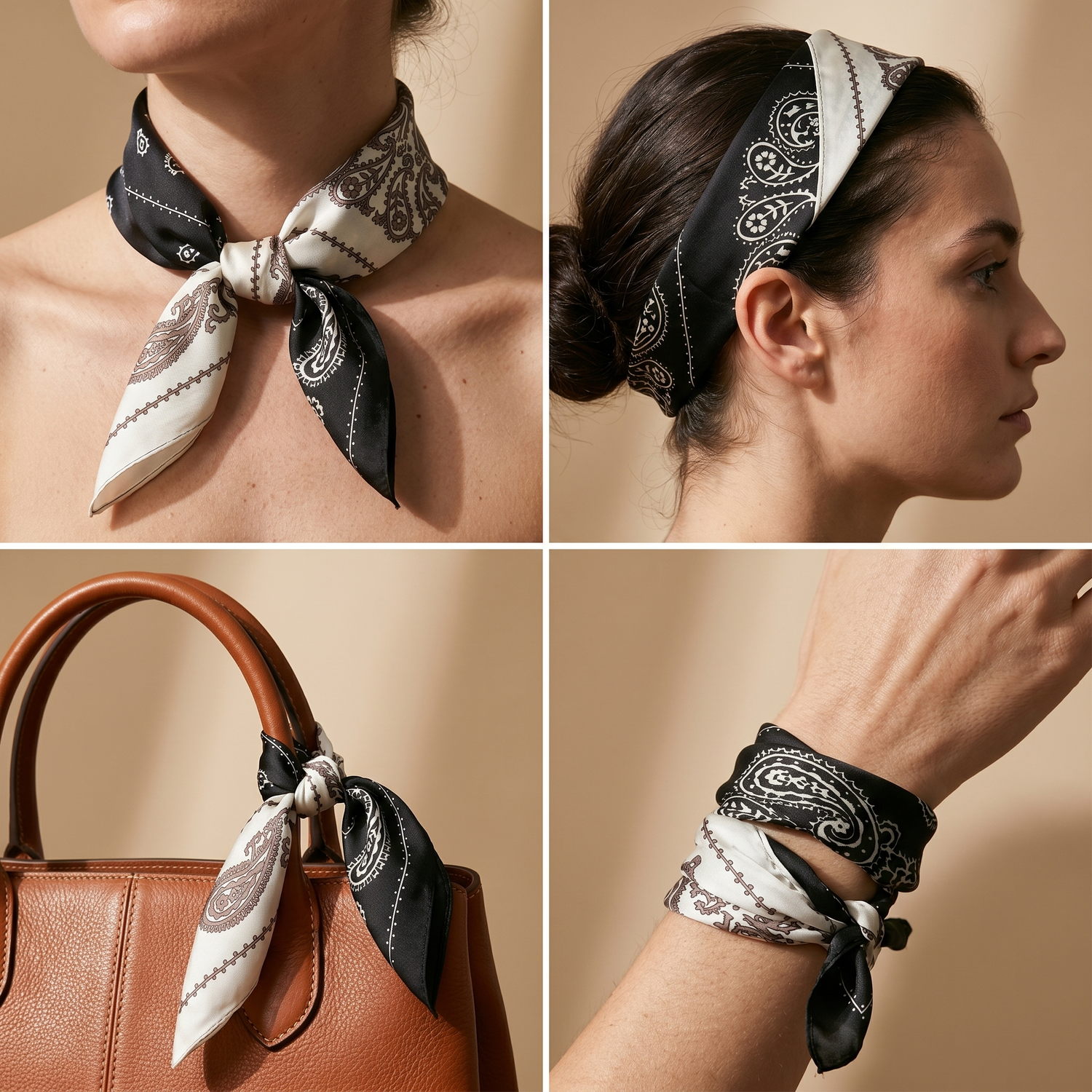 Roselys Paris foulard femme noir crème paisley carré satiné 70x70 cm, en bandeau dans les cheveux