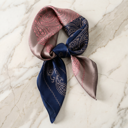 Roselys Paris foulard femme marine rose paisley carré satiné 70x70 cm