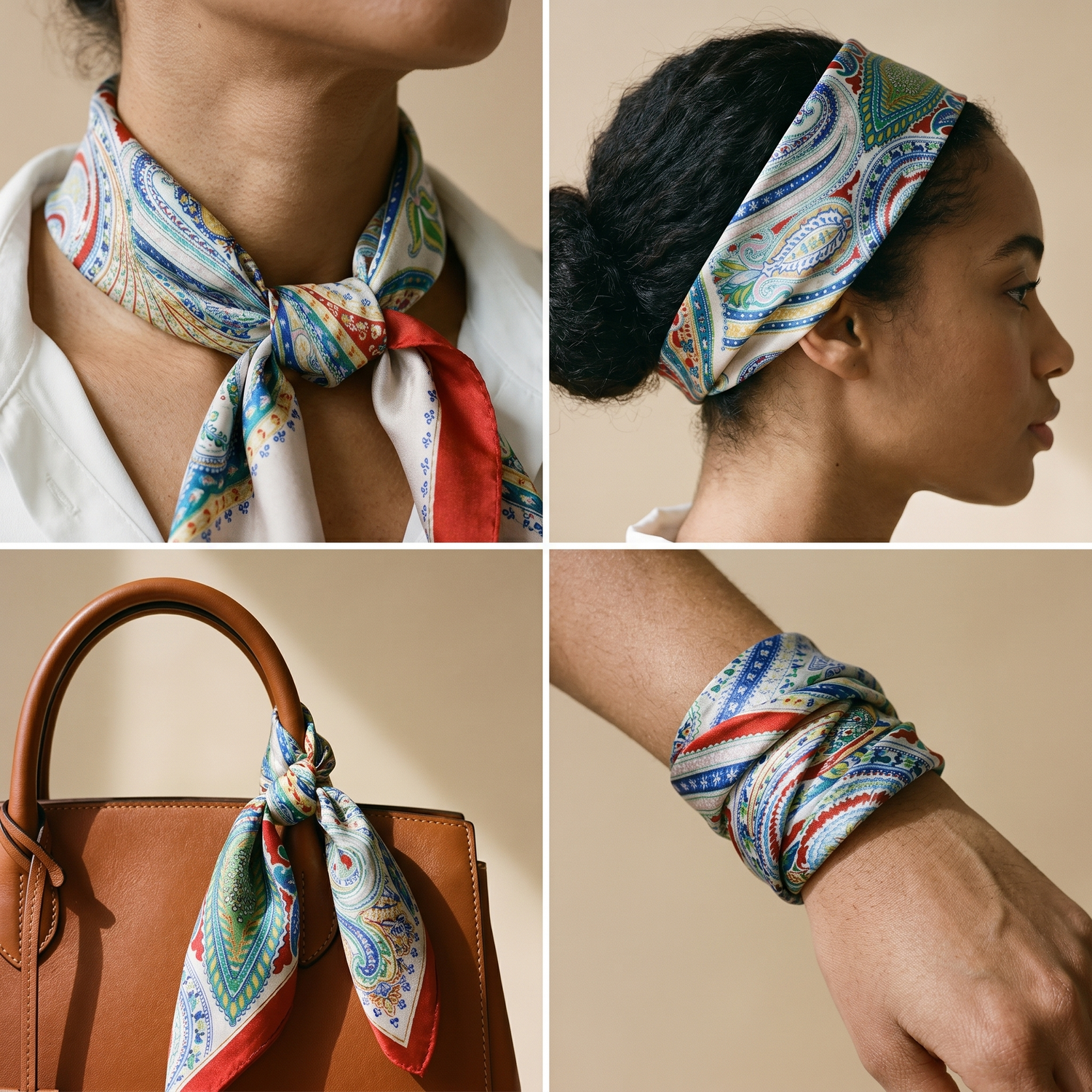 Roselys Paris foulard femme bleu vert paisley carré satiné 70x70 cm, en bandeau dans les cheveux