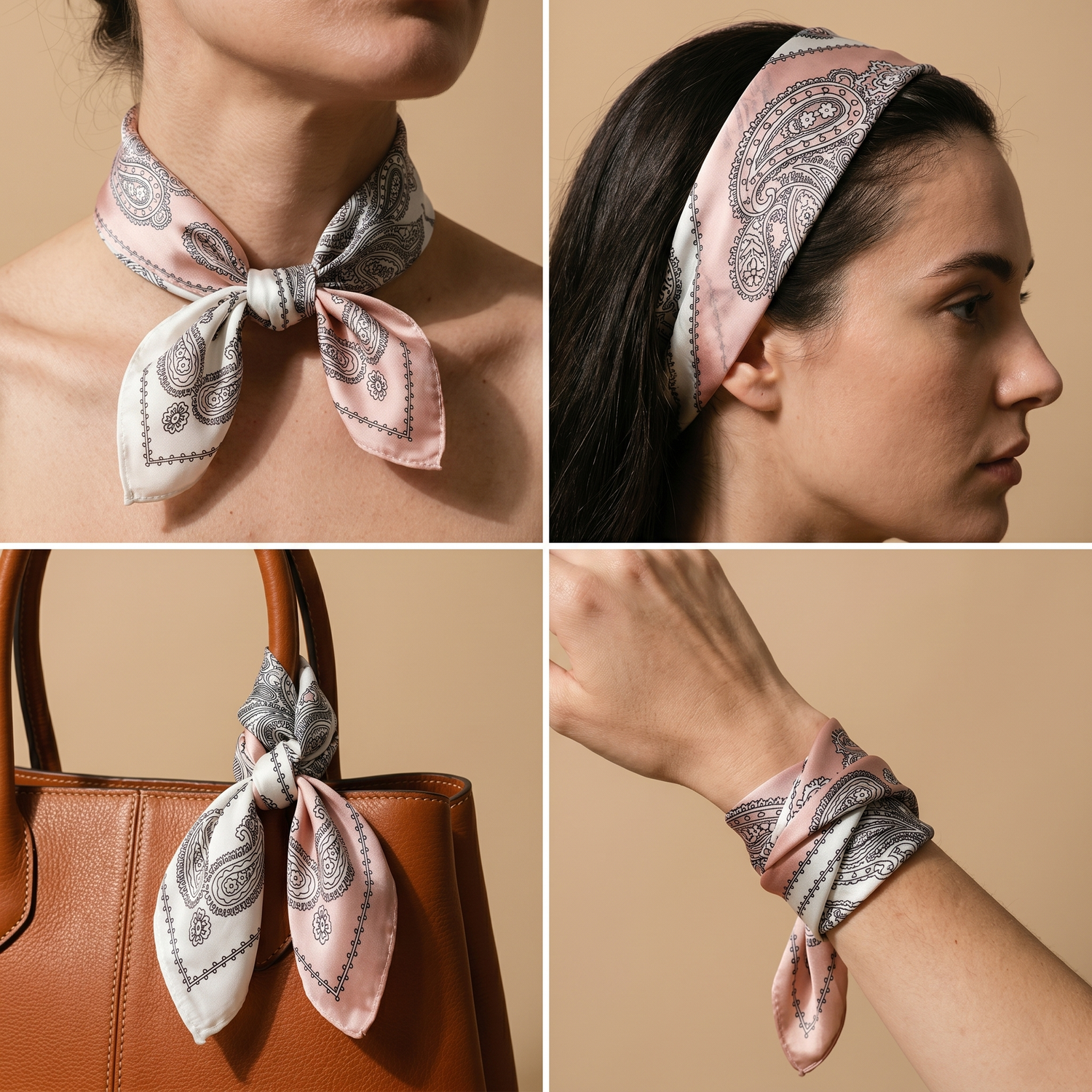 Roselys Paris foulard femme rose gris paisley carré satiné 70x70 cm, en bandeau dans les cheveux