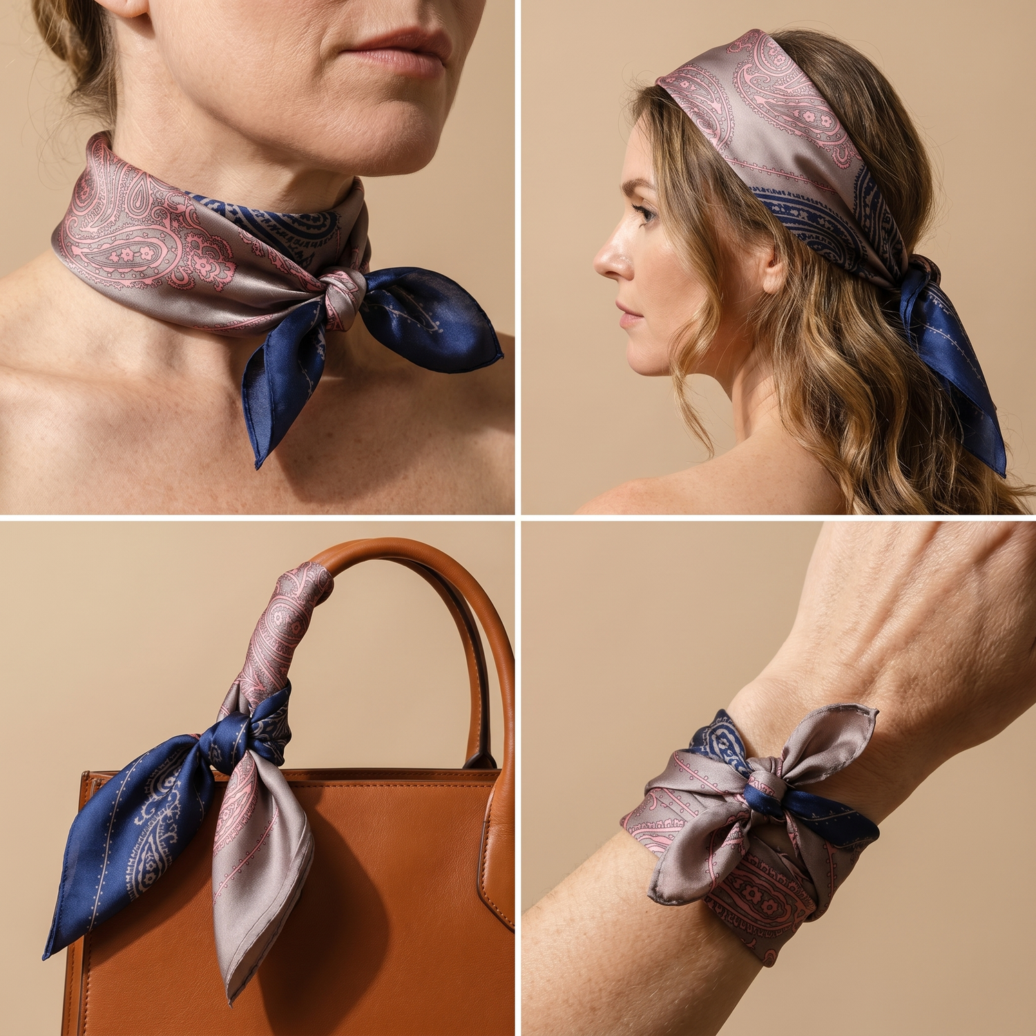 Roselys Paris foulard femme marine rose paisley carré satiné 70x70 cm, en bandeau dans les cheveux