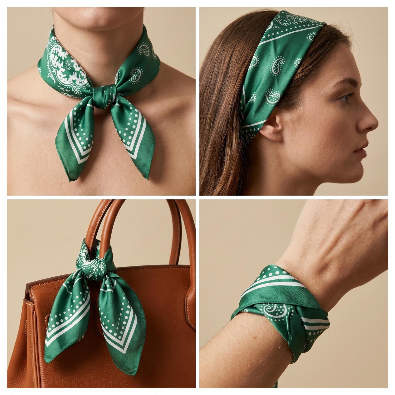 Roselys Paris foulard femme vert blanc paisley carré satiné 70x70 cm, en bandeau dans les cheveux