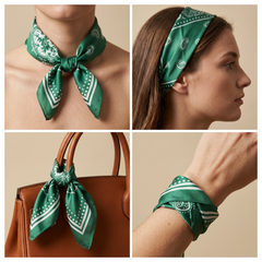 Roselys Paris foulard femme vert blanc paisley carré satiné 70x70 cm, en bandeau dans les cheveux
