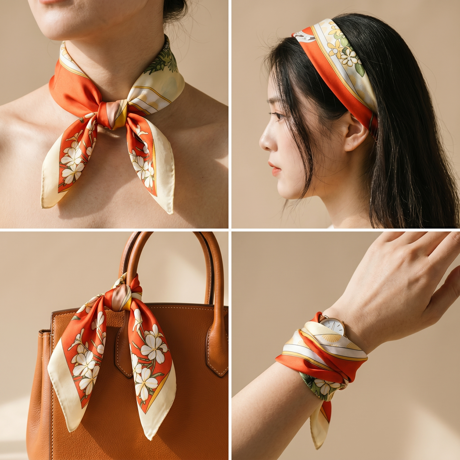 Roselys Paris foulard femme rouge crème fleuri carré satiné 70x70 cm, en bandeau dans les cheveux