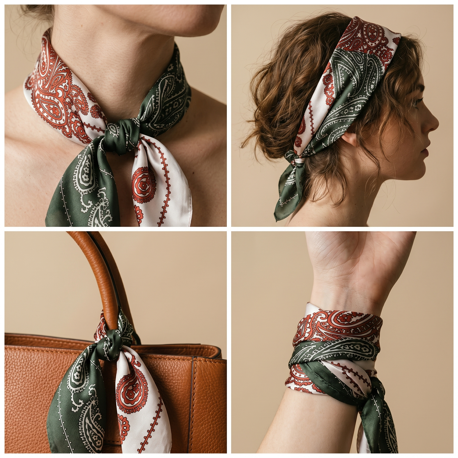 Roselys Paris foulard femme bordeaux crème paisley carré satiné 70x70 cm, en bandeau dans les cheveux