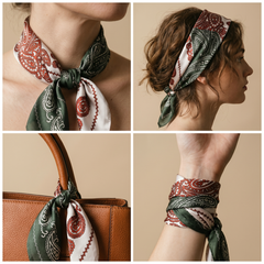Roselys Paris foulard femme bordeaux crème paisley carré satiné 70x70 cm, en bandeau dans les cheveux