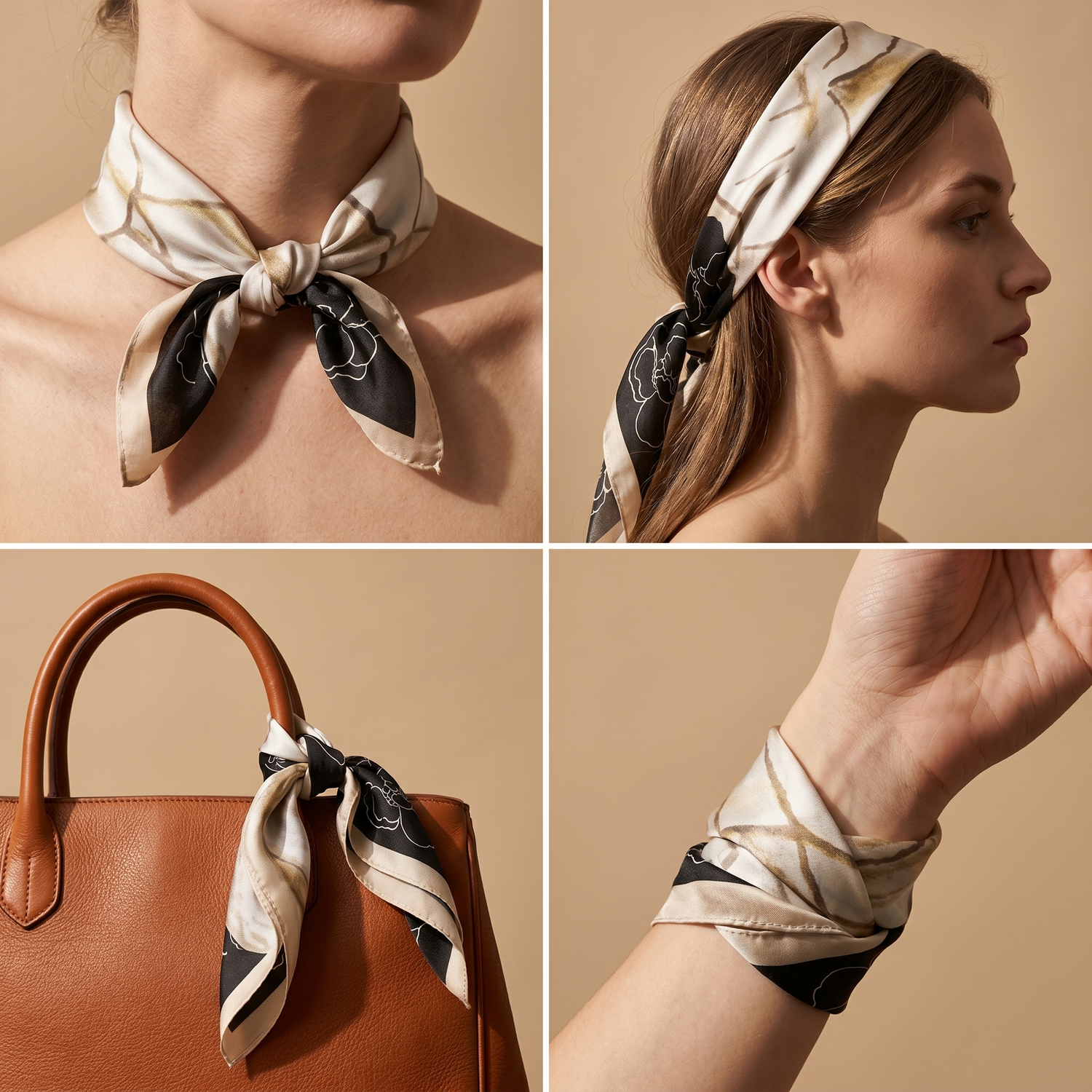 Roselys Paris foulard femme crème noir baroque carré satiné 70x70 cm, en bandeau dans les cheveux