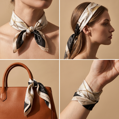 Roselys Paris foulard femme crème noir baroque carré satiné 70x70 cm, en bandeau dans les cheveux