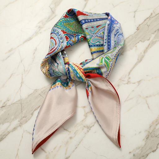 Roselys Paris foulard femme bleu vert paisley carré satiné 70x70 cm