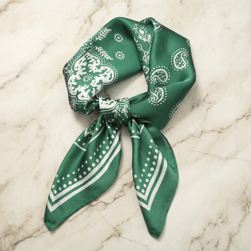 Roselys Paris foulard femme vert blanc paisley carré satiné 70x70 cm