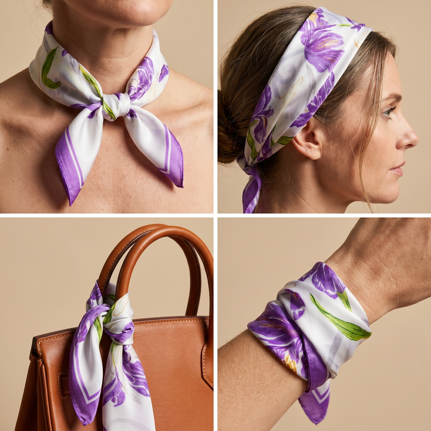 Roselys Paris foulard femme blanc violet fleuri carré satiné 70x70 cm, en bandeau dans les cheveux