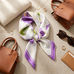 Roselys Paris foulard femme blanc violet fleuri carré satiné 70x70 cm, porté au cou