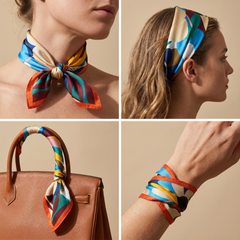 Roselys Paris foulard femme bleu orange abstrait carré satiné 70x70 cm, en bandeau dans les cheveux