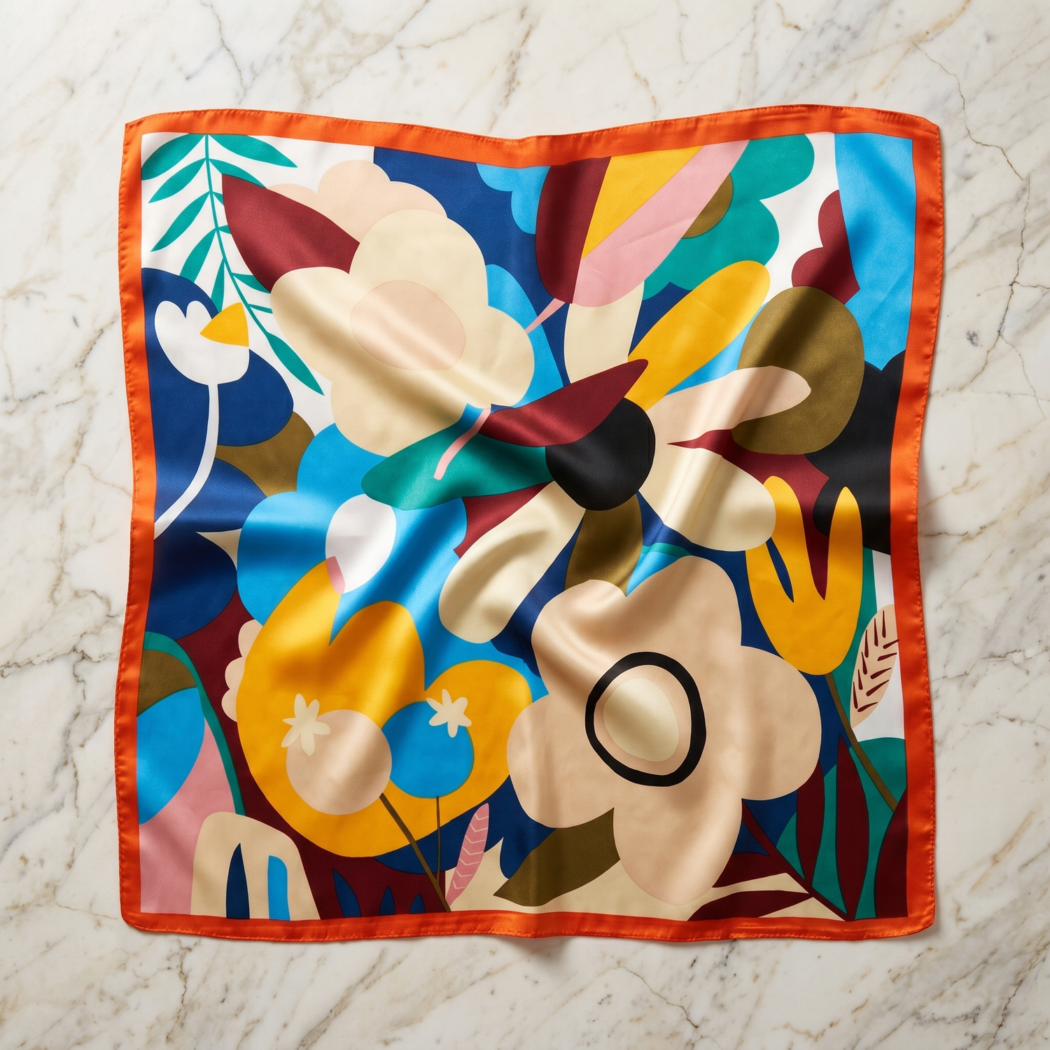 Roselys Paris foulard femme bleu orange abstrait carré satiné 70x70 cm