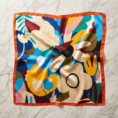 Roselys Paris foulard femme bleu orange abstrait carré satiné 70x70 cm