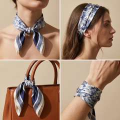 Roselys Paris foulard femme marine blanc paisley carré satiné 70x70 cm, en bandeau dans les cheveux