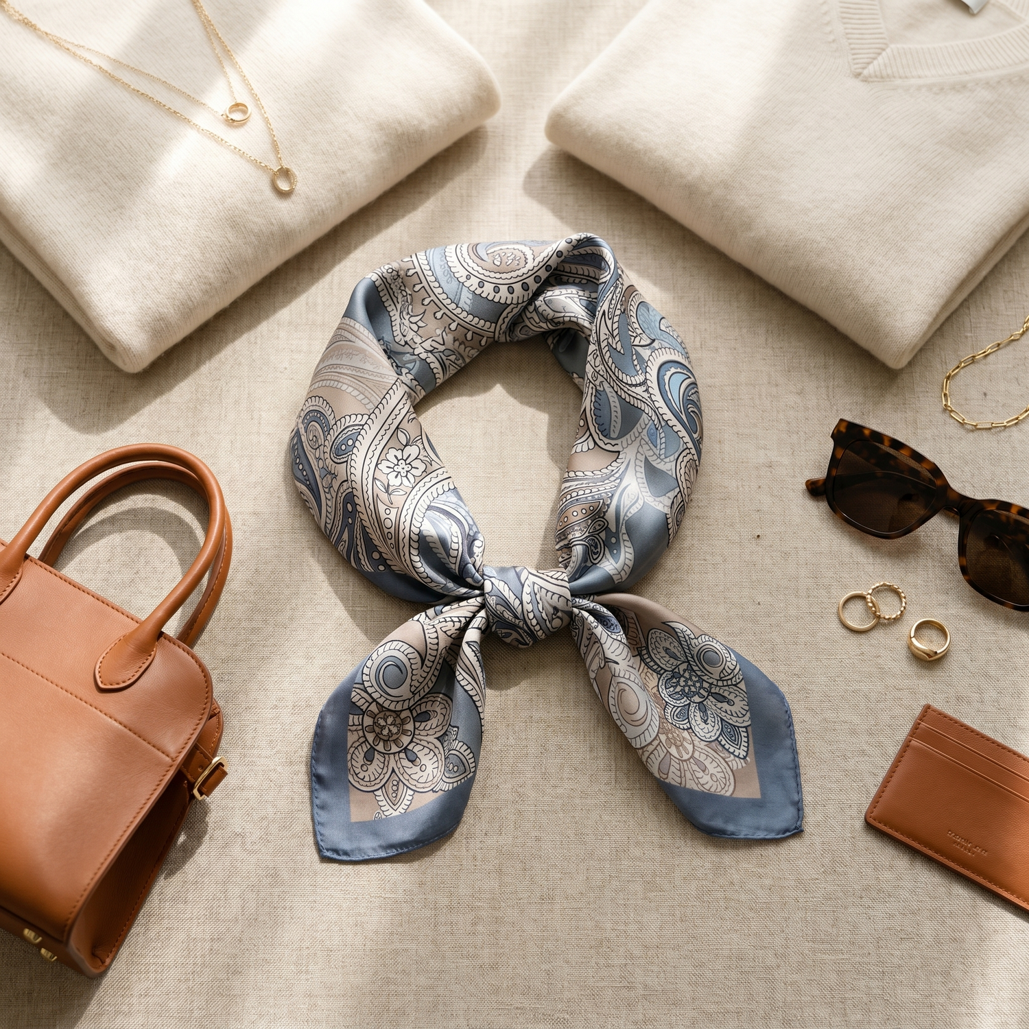 Roselys Paris foulard femme bleu gris paisley carré satiné 70x70 cm, porté au cou