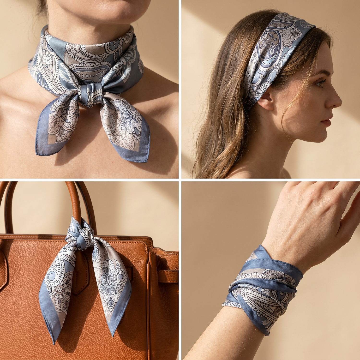 Roselys Paris foulard femme bleu gris paisley carré satiné 70x70 cm, en bandeau dans les cheveux