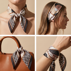 Roselys Paris foulard femme crème marron carreaux carré satiné 70x70 cm, porté au cou