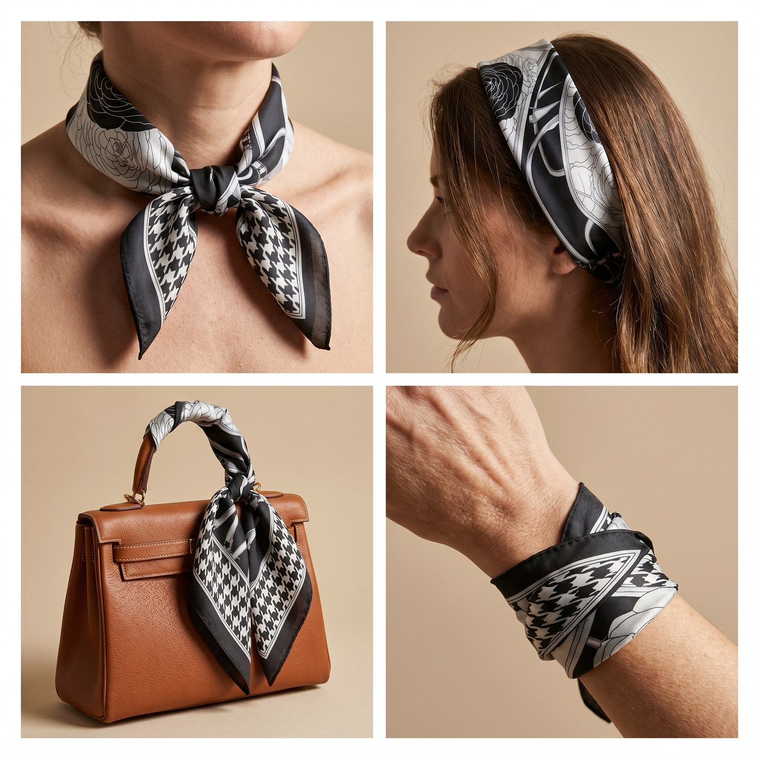 Roselys Paris foulard femme noir blanc carreaux carré satiné 70x70 cm, en bandeau dans les cheveux
