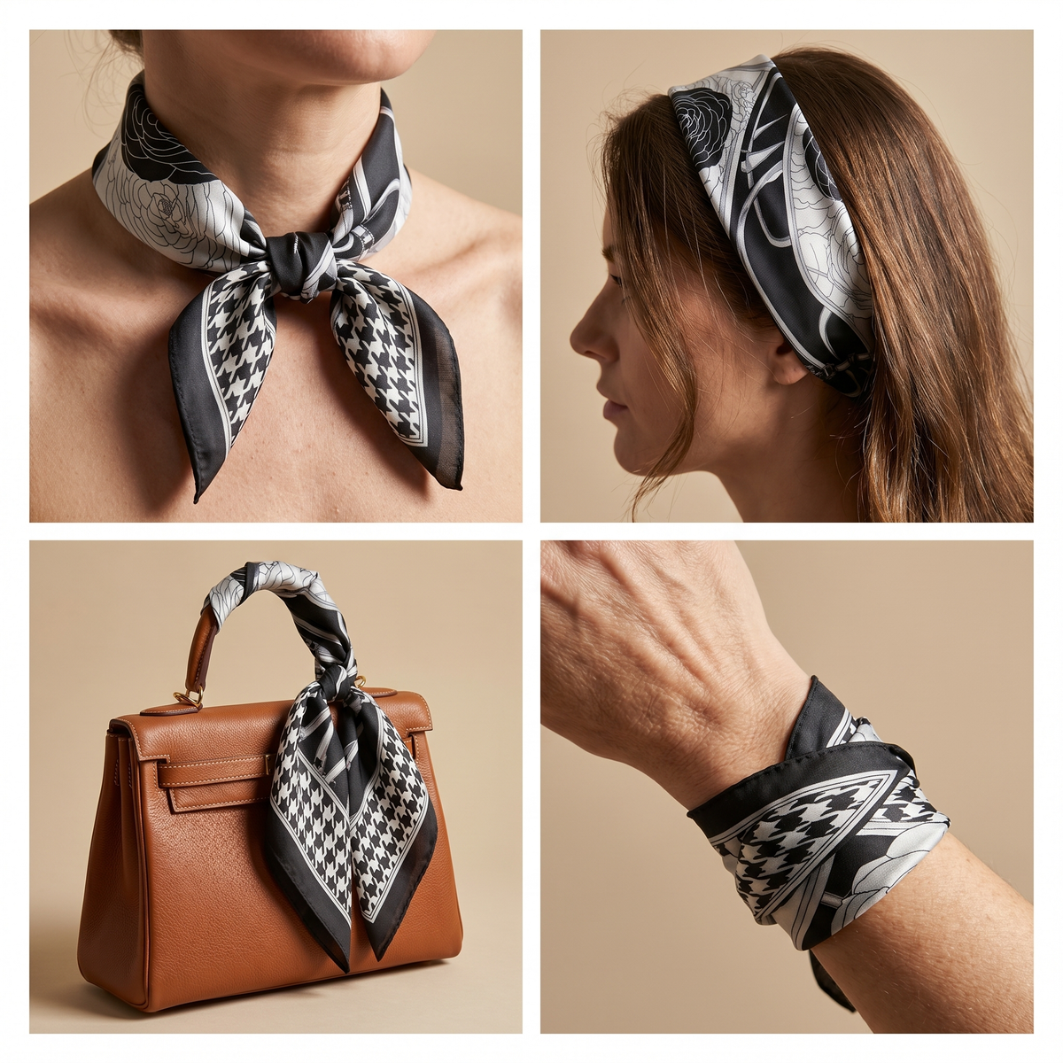 Roselys Paris foulard femme noir blanc carreaux carré satiné 70x70 cm, en bandeau dans les cheveux