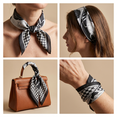 Roselys Paris foulard femme noir blanc carreaux carré satiné 70x70 cm, en bandeau dans les cheveux