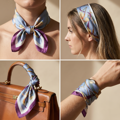 Roselys Paris foulard femme gris orange baroque carré satiné 70x70 cm, en bandeau dans les cheveux