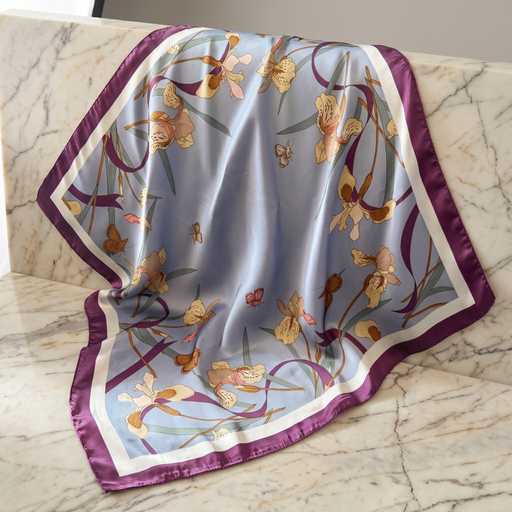 Roselys Paris foulard femme gris orange baroque carré satiné 70x70 cm