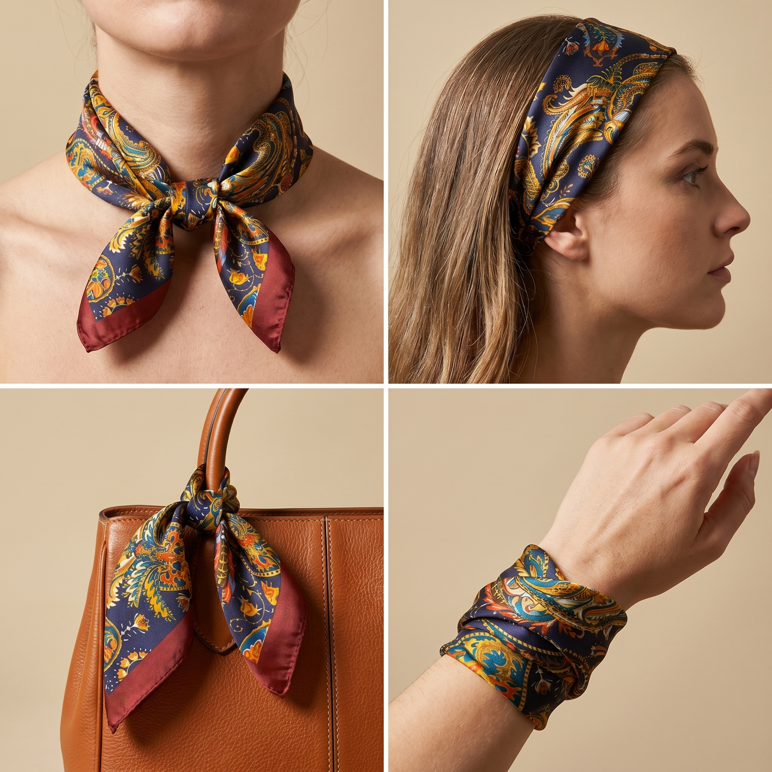 Roselys Paris foulard femme marine doré baroque carré satiné 70x70 cm, en bandeau dans les cheveux