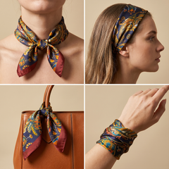Roselys Paris foulard femme marine doré baroque carré satiné 70x70 cm, en bandeau dans les cheveux