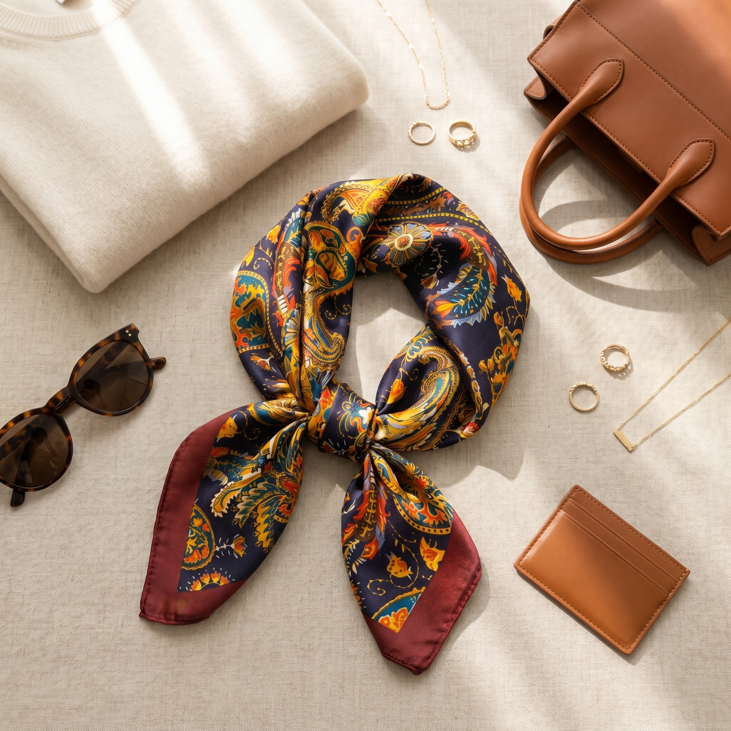 Roselys Paris foulard femme marine doré baroque carré satiné 70x70 cm, porté au cou