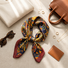 Roselys Paris foulard femme marine doré baroque carré satiné 70x70 cm, porté au cou