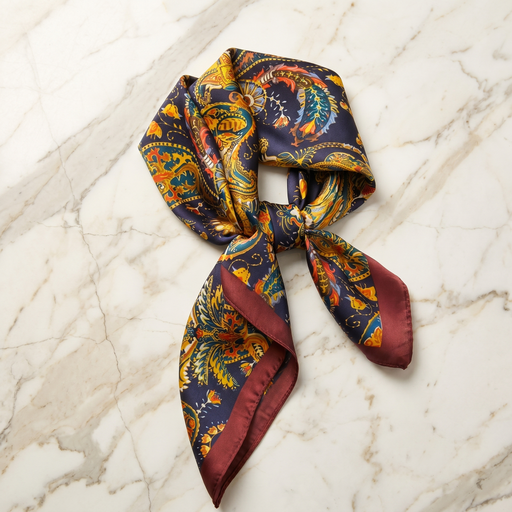 Roselys Paris foulard femme marine doré baroque carré satiné 70x70 cm