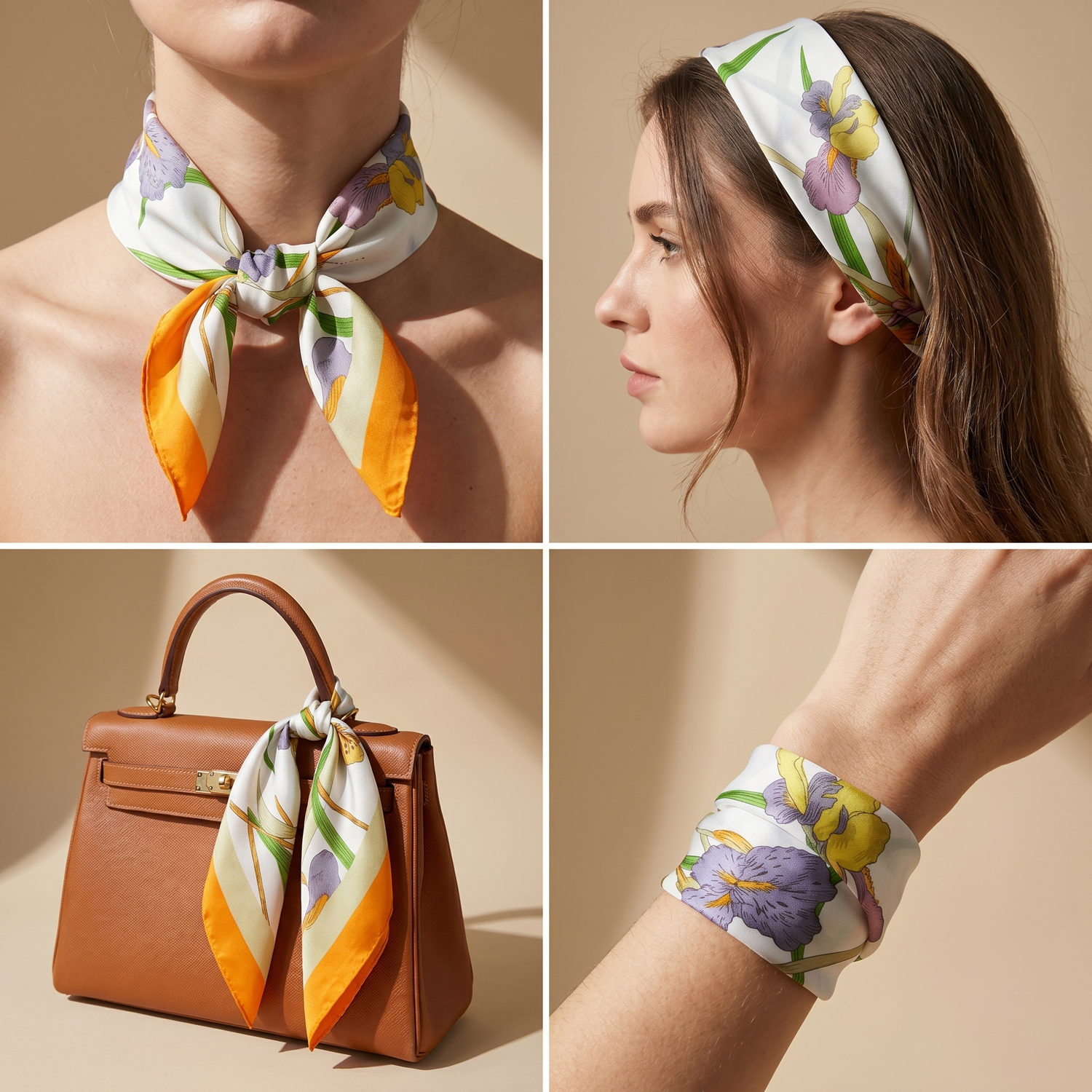 Roselys Paris foulard femme blanc orange fleuri carré satiné 70x70 cm, en bandeau dans les cheveux
