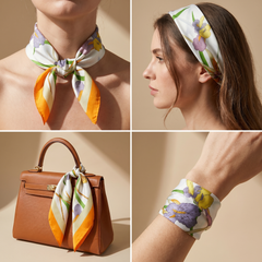 Roselys Paris foulard femme blanc orange fleuri carré satiné 70x70 cm, en bandeau dans les cheveux