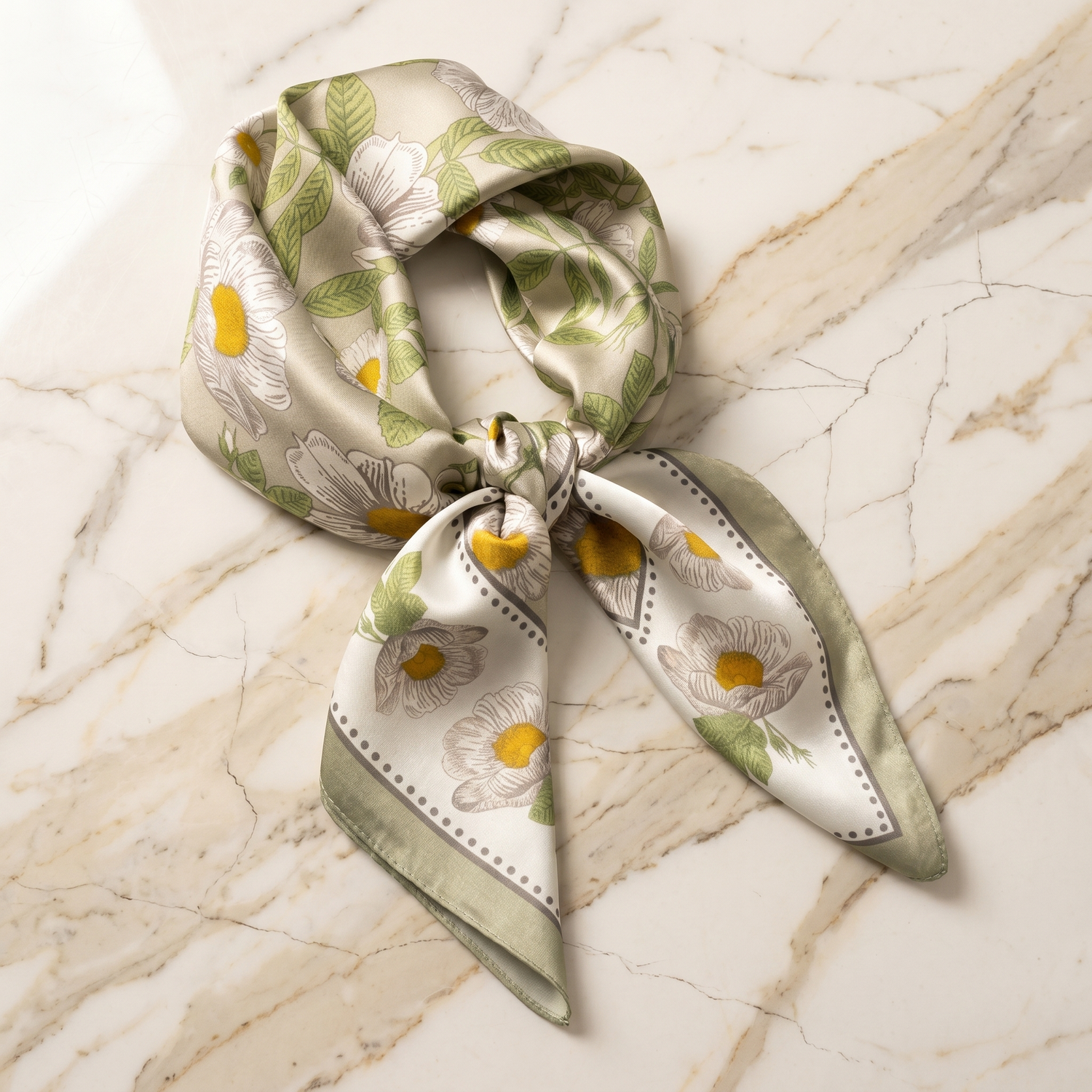 Roselys Paris foulard femme blanc vert fleuri carré satiné 70x70 cm