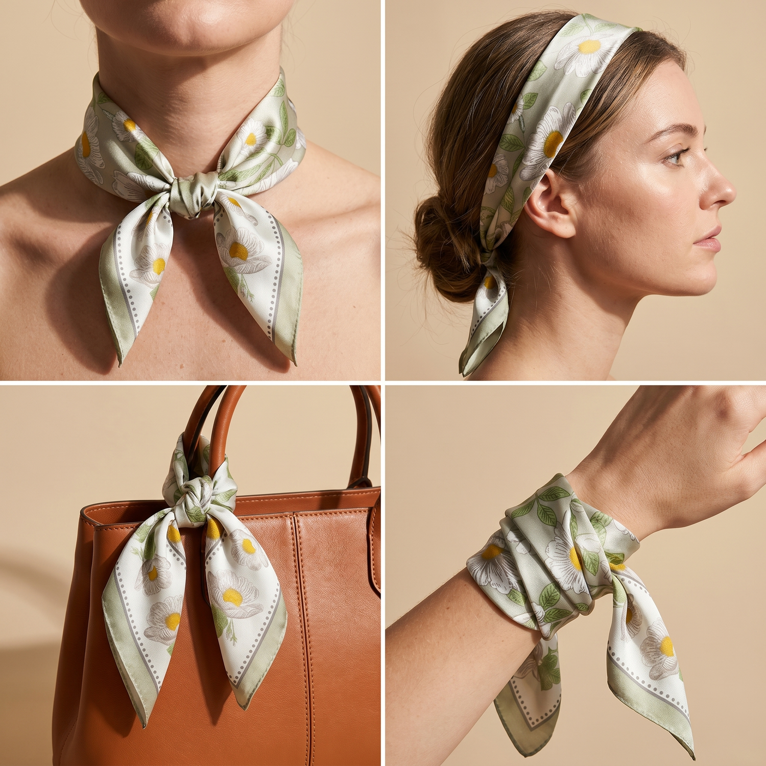 Roselys Paris foulard femme blanc vert fleuri carré satiné 70x70 cm, en bandeau dans les cheveux