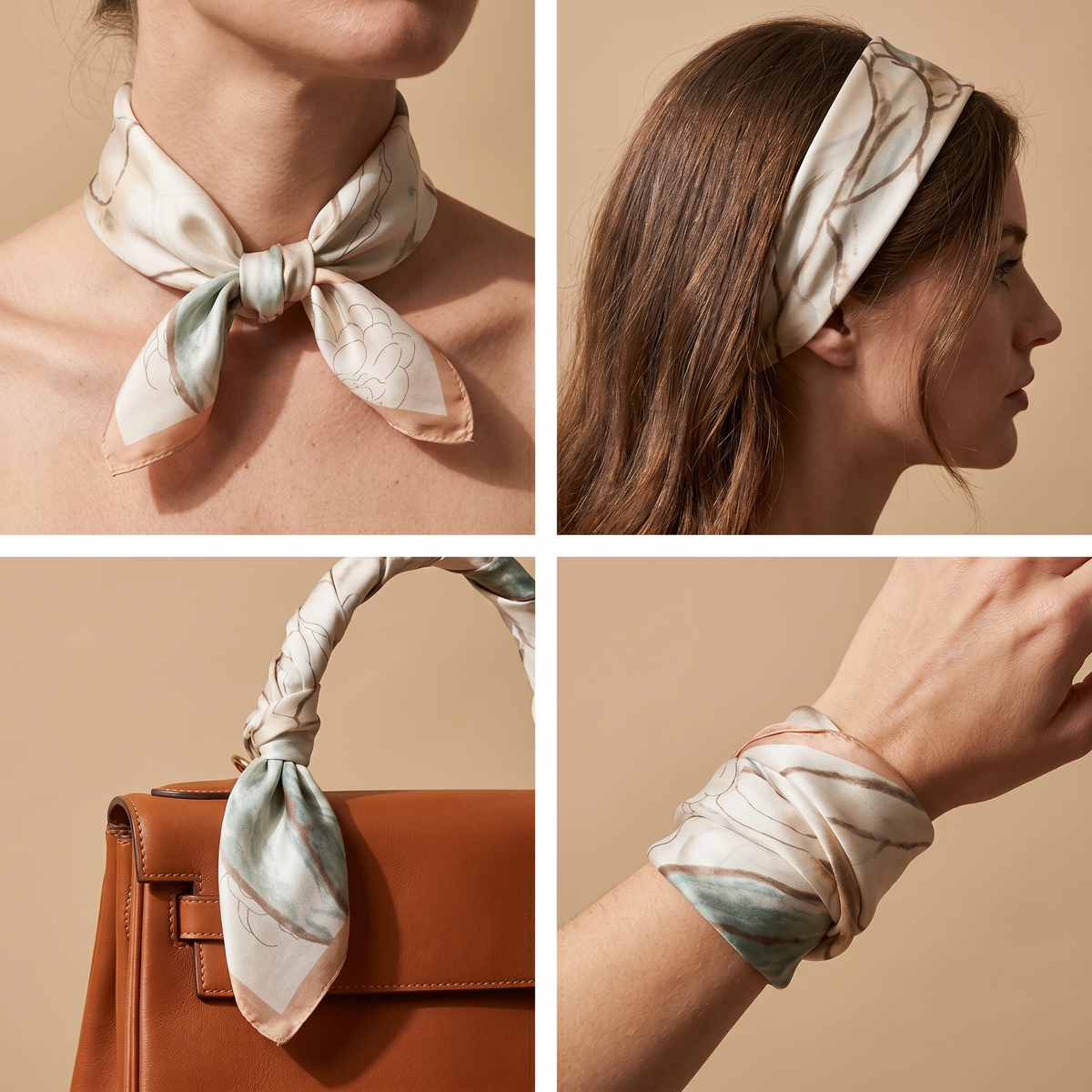 Roselys Paris foulard femme crème rose fleuri carré satiné 70x70 cm, en bandeau dans les cheveux