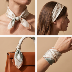 Roselys Paris foulard femme crème rose fleuri carré satiné 70x70 cm, en bandeau dans les cheveux