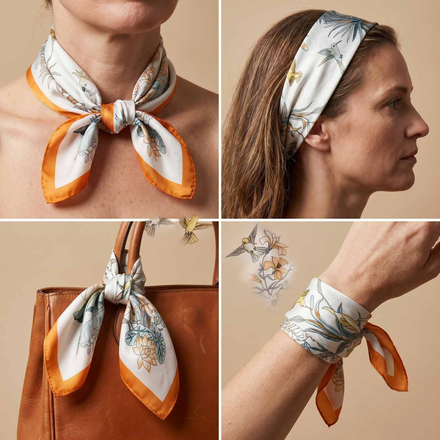 Roselys Paris foulard femme crème orange fleuri carré satiné 70x70 cm, en bandeau dans les cheveux