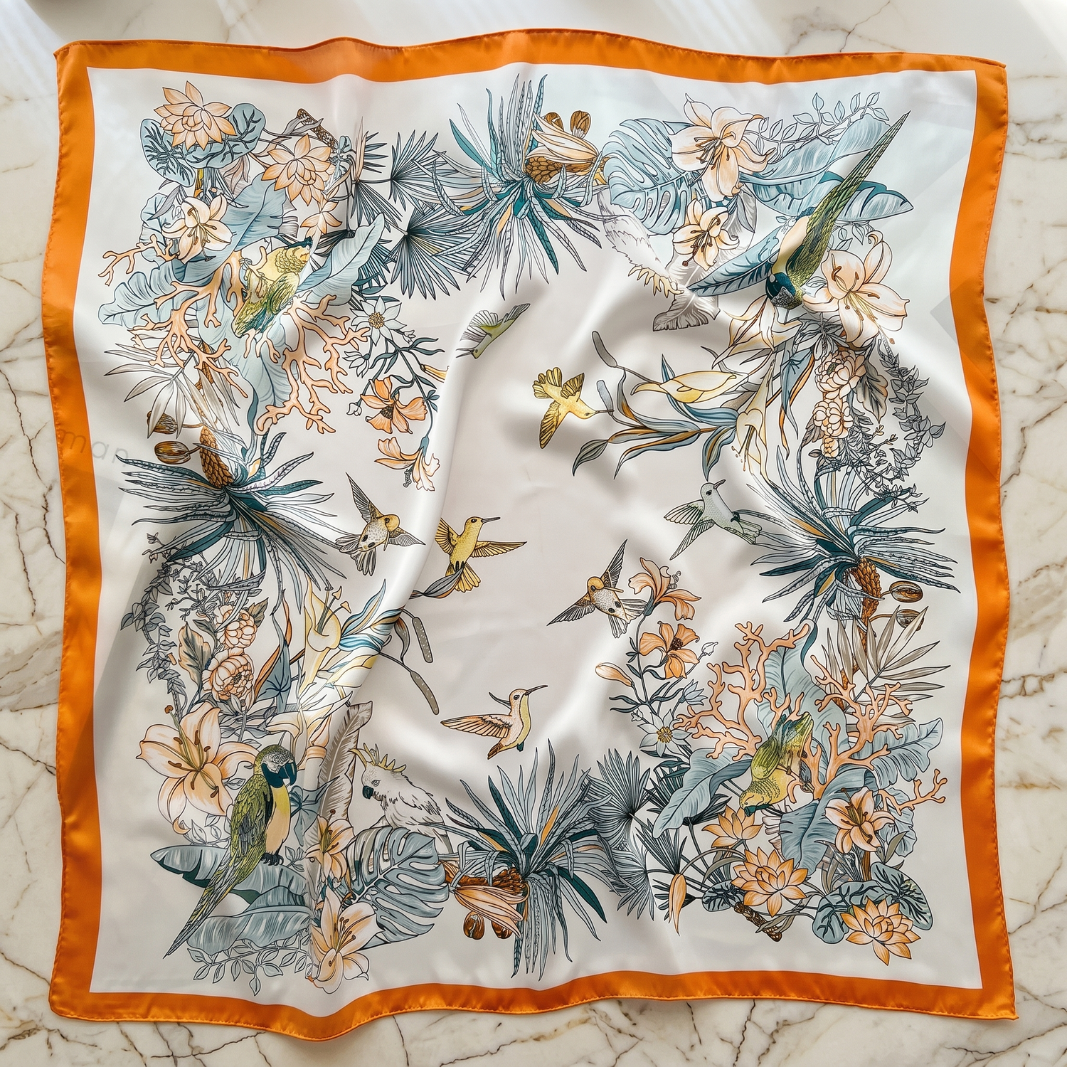 Roselys Paris foulard femme crème orange fleuri carré satiné 70x70 cm